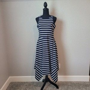 Banana Republic Petite Navy & White Striped MIDI Dress Size 10P(Orig. $128) EUC
